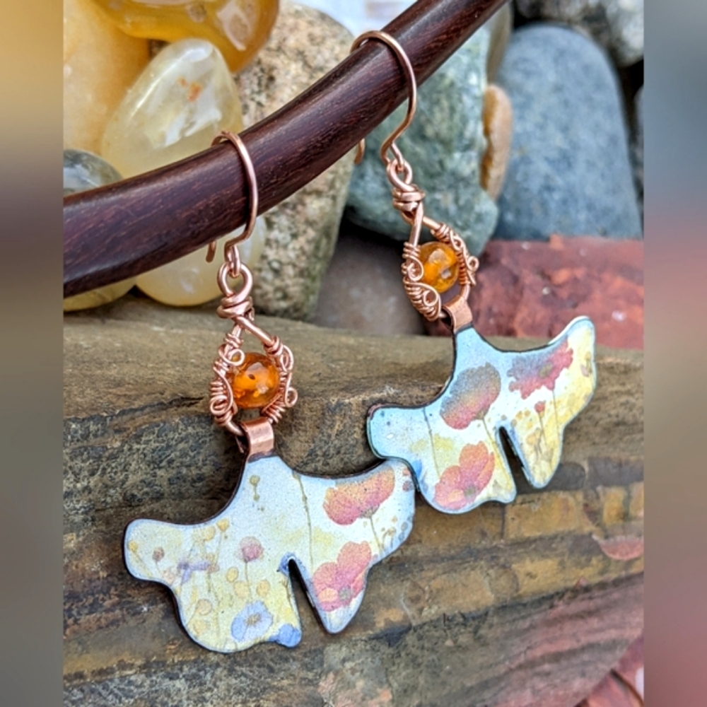 Artisan Copper Earrings-Baltic Amber Beads Enameled Floral Poppy Design